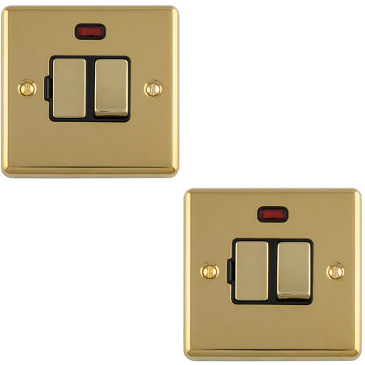 2 PACK 13A DP Switched Fuse Spur & Neon Light POLISHED BRASS & Black Mains Isolation