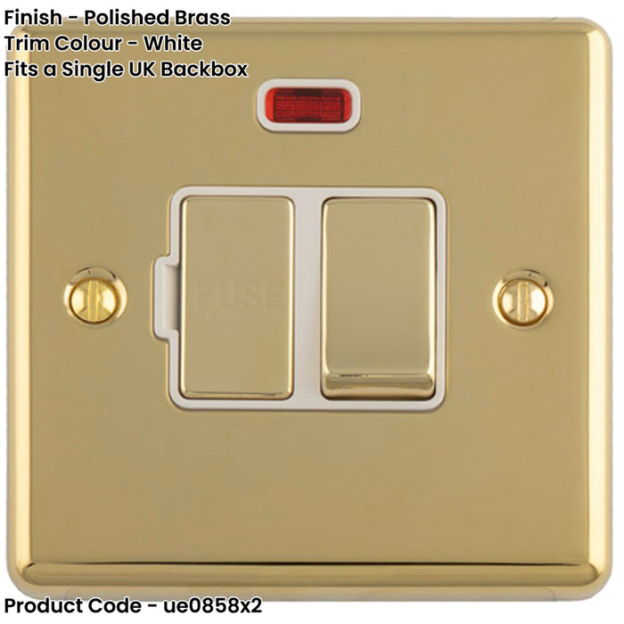 2 PACK 13A DP Switched Fuse Spur & Neon Light POLISHED BRASS & White Mains Isolation
