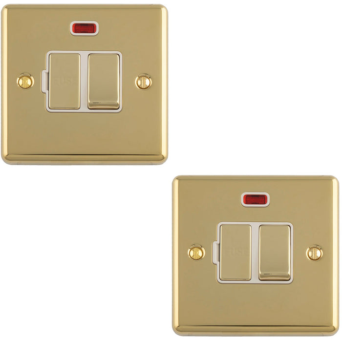 2 PACK 13A DP Switched Fuse Spur & Neon Light POLISHED BRASS & White Mains Isolation