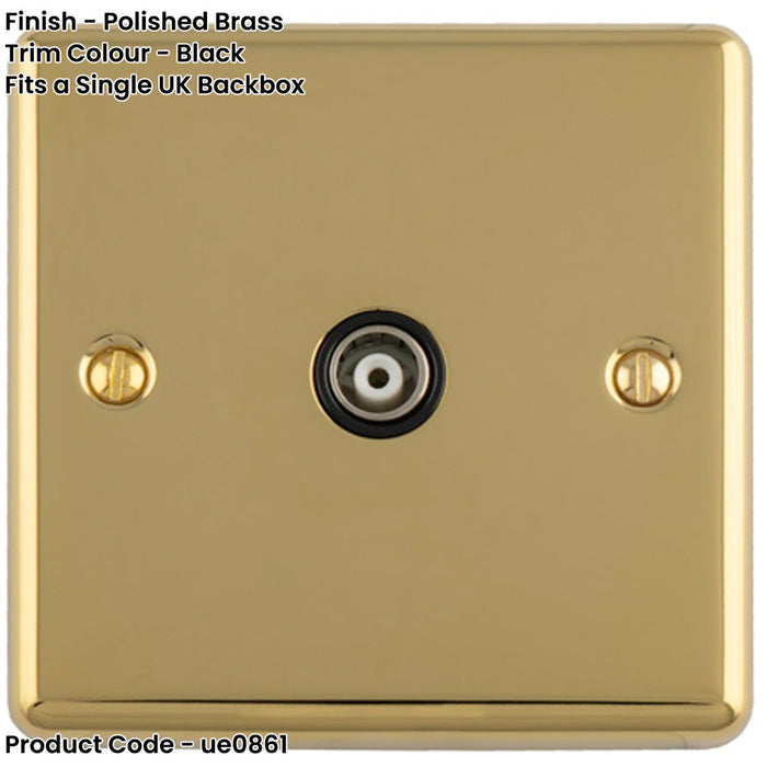 1 Gang Single TV Coaxial Aerial Socket POLISHED BRASS & Black Female Wall Plate Outlet