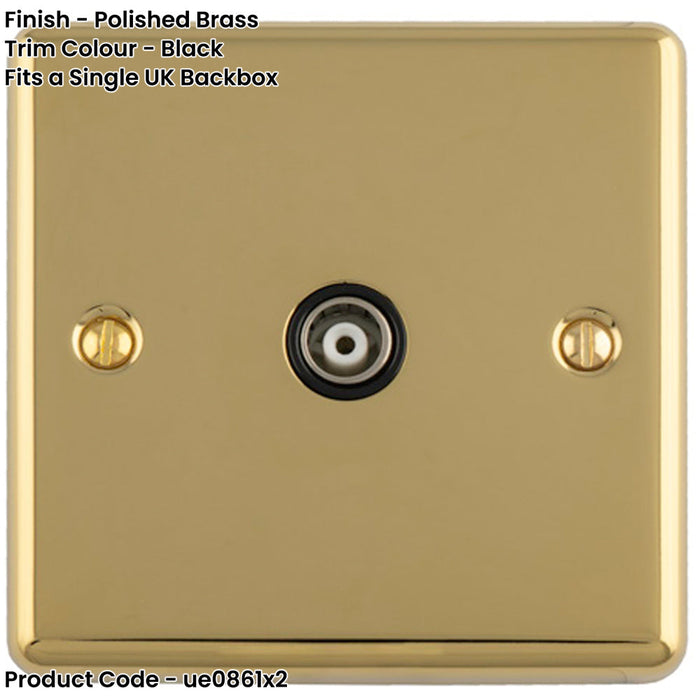 2 PACK 1 Gang Single TV Coaxial Aerial Socket POLISHED BRASS & Black Female Wall Plate Outlet