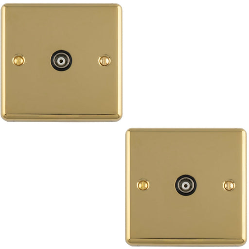 2 PACK 1 Gang Single TV Coaxial Aerial Socket POLISHED BRASS & Black Female Wall Plate Outlet