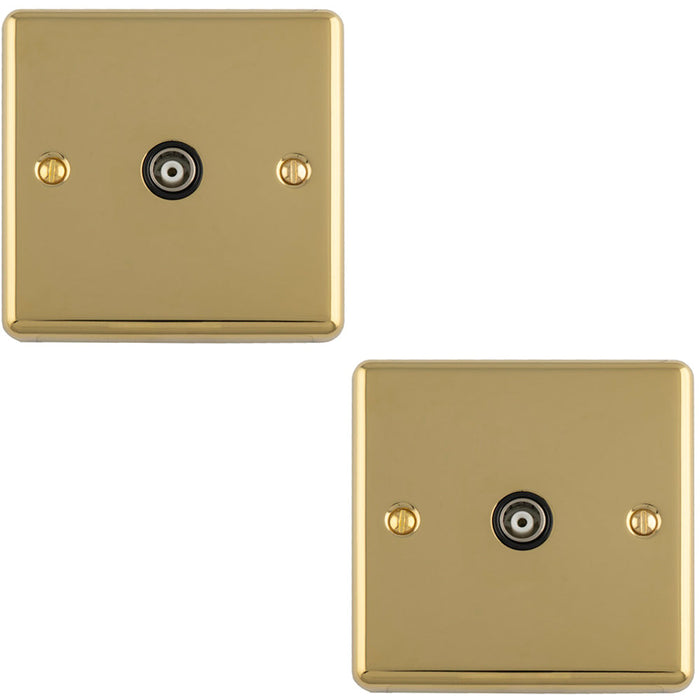 2 PACK 1 Gang Single TV Coaxial Aerial Socket POLISHED BRASS & Black Female Wall Plate Outlet