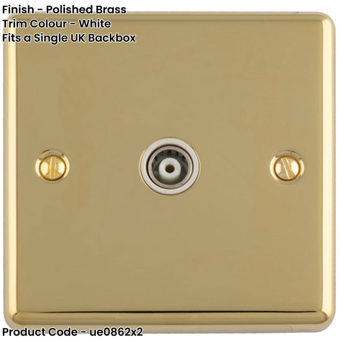 2 PACK 1 Gang Single TV Coaxial Aerial Socket POLISHED BRASS & White Female Wall Plate Outlet