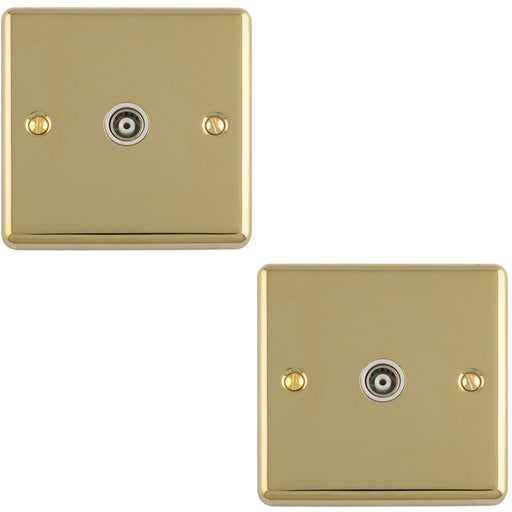 2 PACK 1 Gang Single TV Coaxial Aerial Socket POLISHED BRASS & White Female Wall Plate Outlet