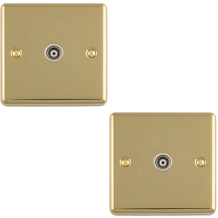 2 PACK 1 Gang Single TV Coaxial Aerial Socket POLISHED BRASS & White Female Wall Plate Outlet