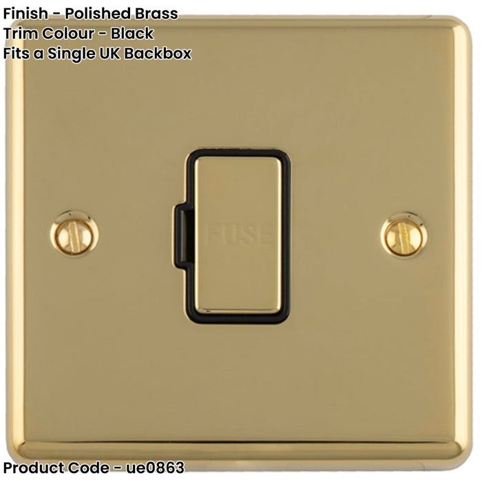 13A DP Unswitched Fuse Spur POLISHED BRASS & Black Mains Isolation Wall Plate