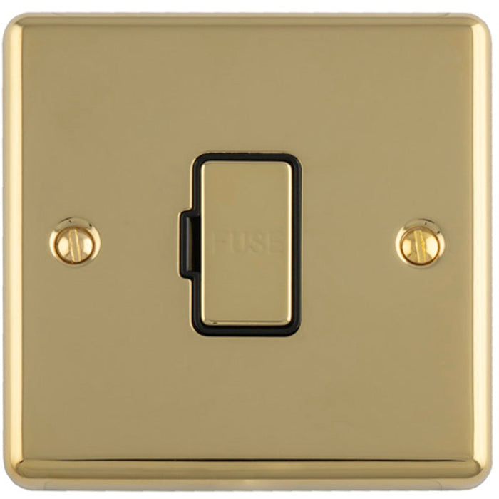 13A DP Unswitched Fuse Spur POLISHED BRASS & Black Mains Isolation Wall Plate