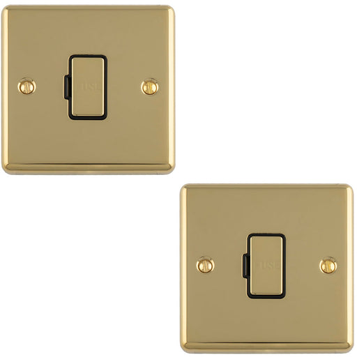 2 PACK 13A DP Unswitched Fuse Spur POLISHED BRASS & Black Mains Isolation Wall Plate