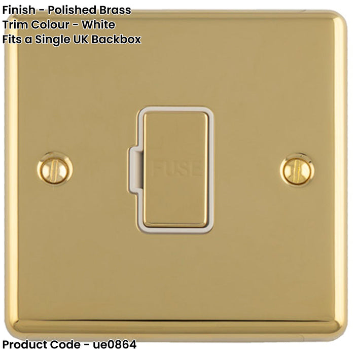 13A DP Unswitched Fuse Spur POLISHED BRASS & White Mains Isolation Wall Plate