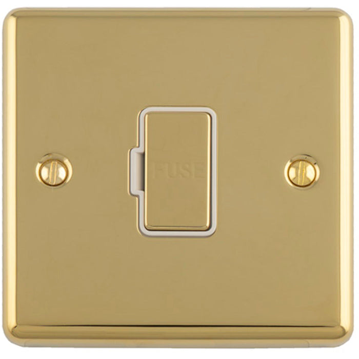 13A DP Unswitched Fuse Spur POLISHED BRASS & White Mains Isolation Wall Plate