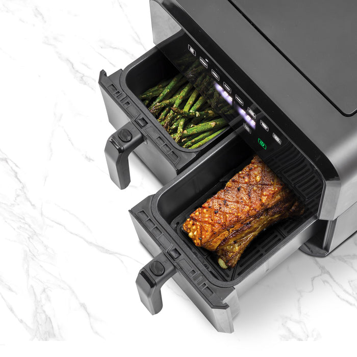 8L Dual Zone Air Fryer Oven - 8-in1 Easy Clean Black Worktop Cooker 2x 4L Basket - LoopsDirect