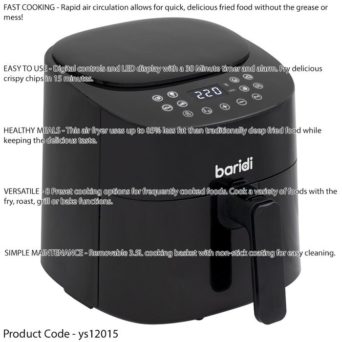 3.5L Low Fat Air Fryer 1300W - Digital Rapid Air Circulation Worktop Oven Cooker - LoopsDirect