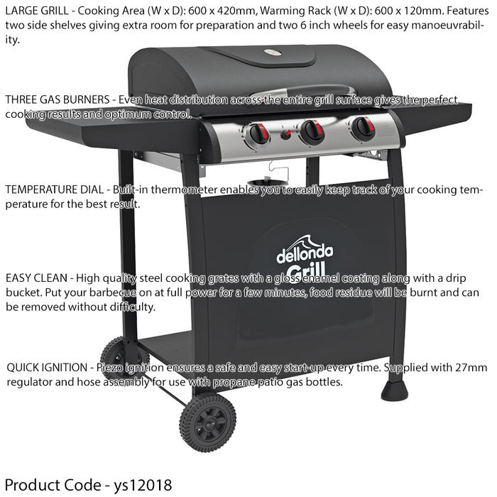 3 Burner Gas BBQ Grill & Ignition - Portable Garden Cooking - Easy Clean Bucket