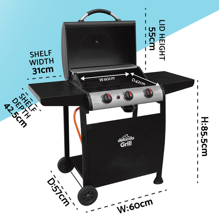 3 Burner Gas BBQ Grill & Ignition - Portable Garden Cooking - Easy Clean Bucket