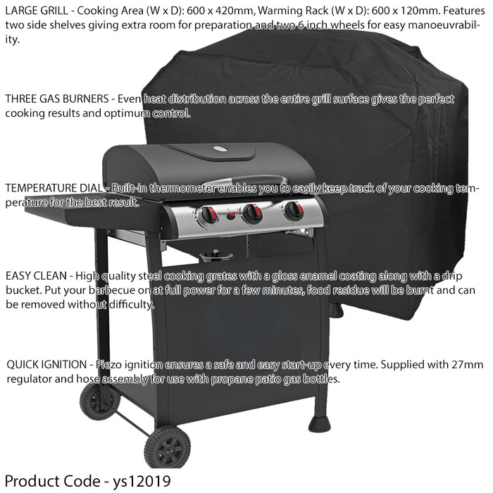 3 Burner Gas BBQ Grill & Cover Set - Ignition Portable Garden Cooking Easy Clean