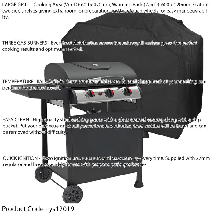 3 Burner Gas BBQ Grill & Cover Set - Ignition Portable Garden Cooking Easy Clean - LoopsDirect