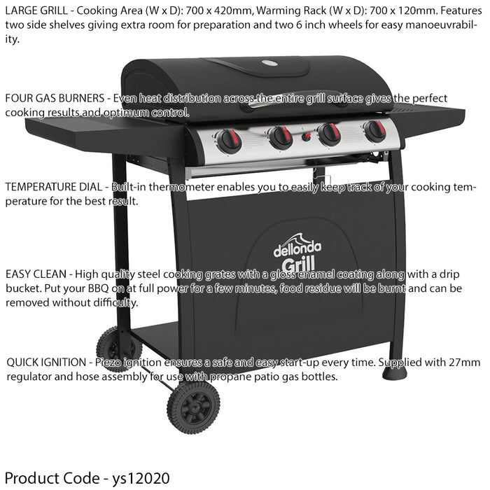 4 Burner Gas BBQ Grill & Ignition - Portable Garden Cooking - Easy Clean Bucket - LoopsDirect