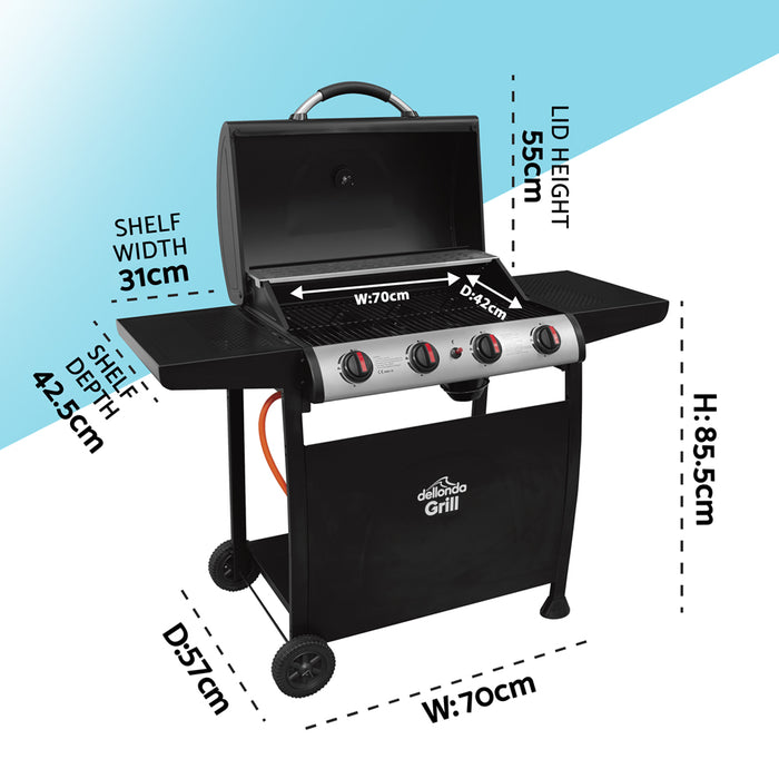 4 Burner Gas BBQ Grill & Ignition - Portable Garden Cooking - Easy Clean Bucket - LoopsDirect