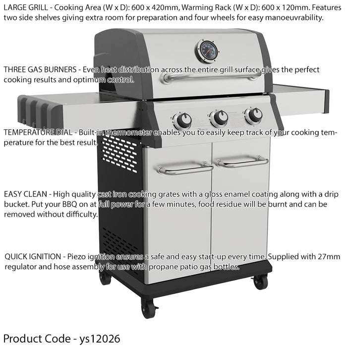 Premium 3 Burner Gas BBQ Grill & Ignition - Portable Garden Cooking - Easy Clean
