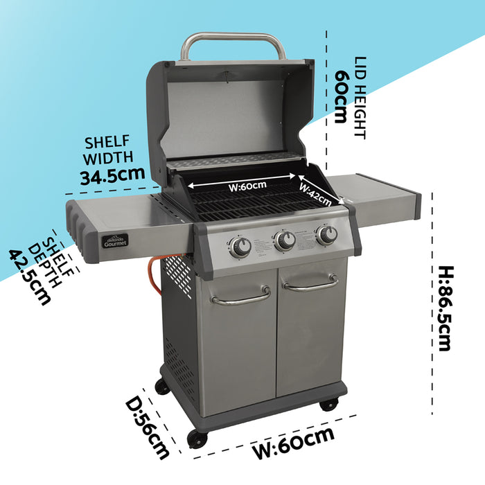 Premium 3 Burner Gas BBQ Grill & Ignition - Portable Garden Cooking - Easy Clean