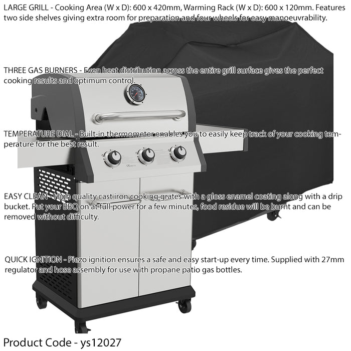 Premium 3 Burner Gas BBQ Grill & Cover Set - Ignition Portable Garden Easy Clean