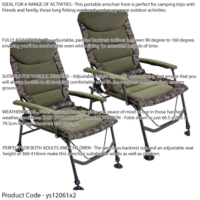 2 PACK Reclining Portable Fishing Chair Adjustable Height Uneven Terrain Seat - LoopsDirect