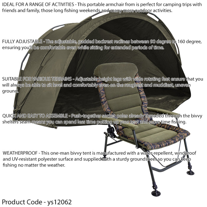 1 Man Waterproof Carp Fishing Bivvy Tent & Reclining Height Adjustable Chair Set