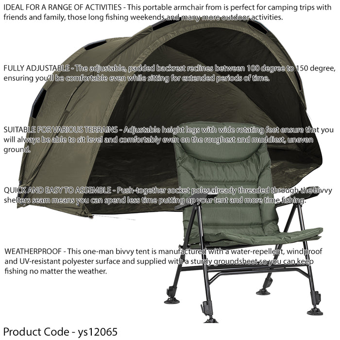 1 Man Waterproof Carp Fishing Bivvy Tent & Adjustable Reclining Camp Chair Set