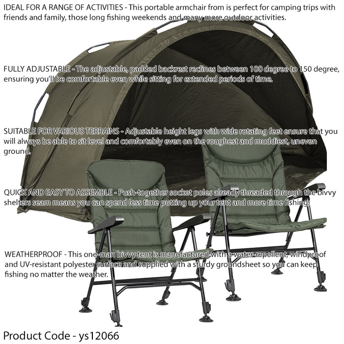 2 Man Waterproof Carp Fishing Bivvy Tent & 2 Adjustable Reclining Camp Chair Set - LoopsDirect