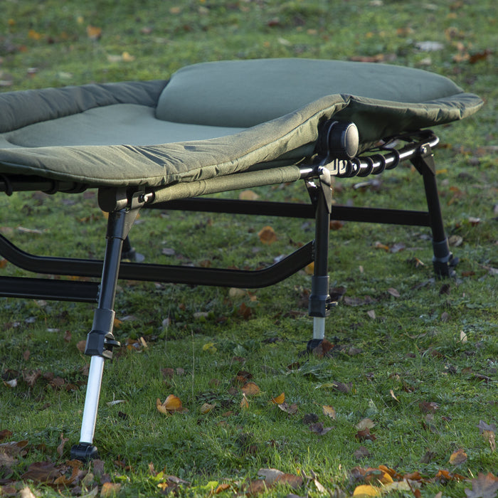 Adjustable Fleece Camping & Fishing Bedchair - Built-In Pillow & Levelling Feet - LoopsDirect