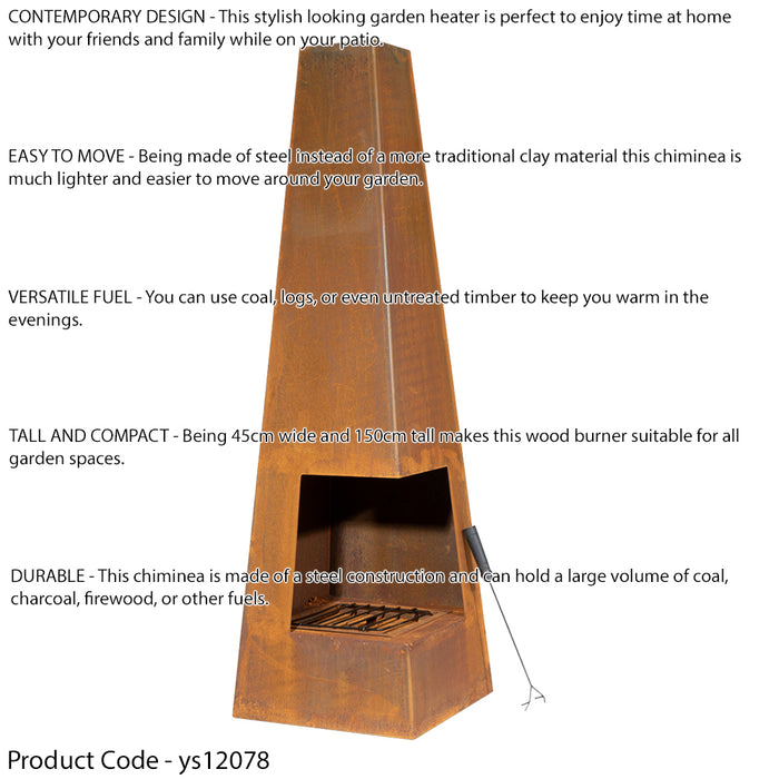 45x150cm CORTEN STEEL Chininea Wood Burner - Fire Pit Garden Heater Outdoor Rust