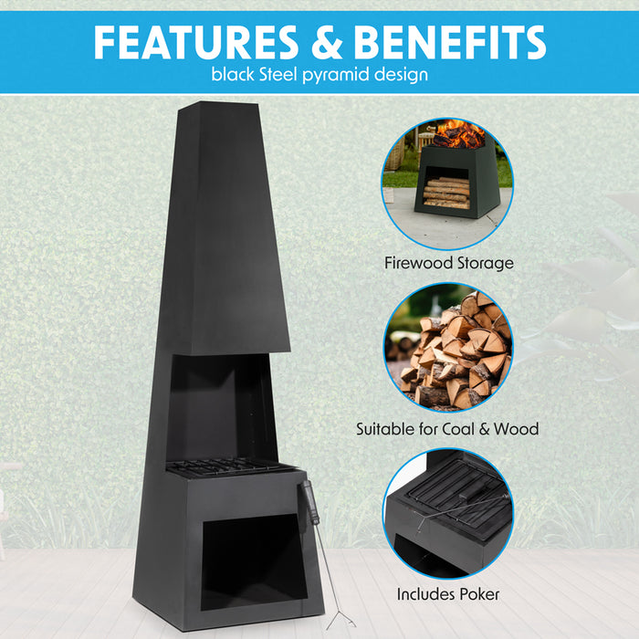 45x150cm BLACK STEEL Chininea Wood Burner - Firewood Storage Garden Heater Set - LoopsDirect