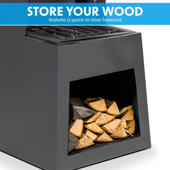 45x150cm BLACK STEEL Chininea Wood Burner - Firewood Storage Garden Heater Set - LoopsDirect