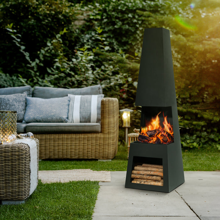 45x150cm BLACK STEEL Chininea Wood Burner - Firewood Storage Garden Heater Set - LoopsDirect