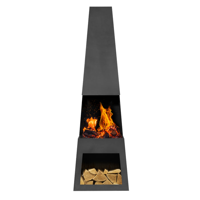 45x150cm BLACK STEEL Chininea Wood Burner - Firewood Storage Garden Heater Set