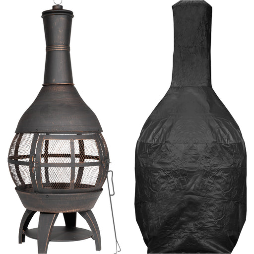 Antique Bronze 360 Degree Fire Pit Wood Burner & Cover Set - Garden Heater Mesh 