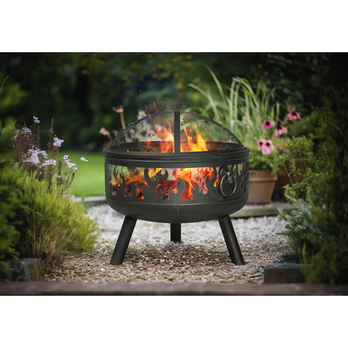 Round Fire Pit Wood Burner & BBQ Grill - Party Dining Garden Heater & Mesh - LoopsDirect