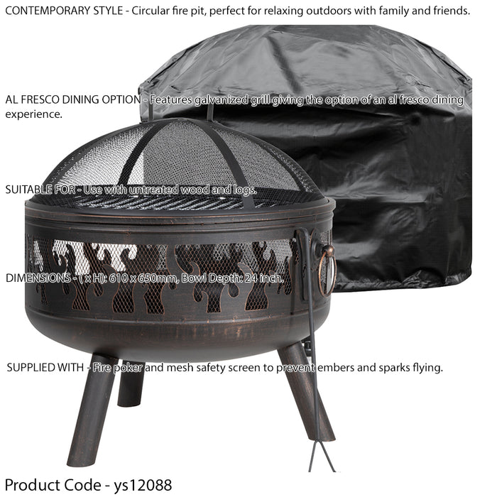 Round Fire Pit Wood Burner / BBQ Grill & Cover Set - Party Dining Garden Heater - LoopsDirect