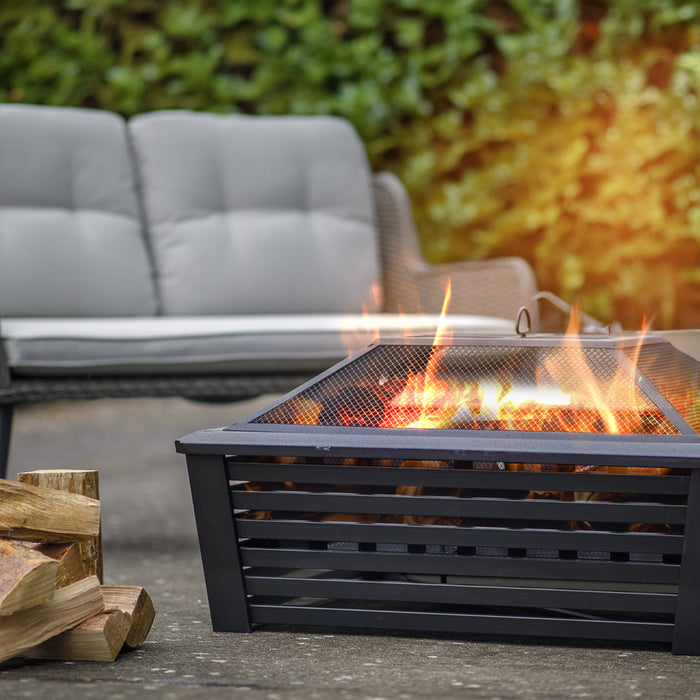 89cm Square Black Fire Pit Wood Burner - Modern Outdoor Garden Heater Mesh Lid