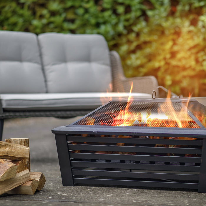 89cm Square Black Fire Pit Wood Burner & Cover Set - Outdoor Garden Heater Mesh - LoopsDirect