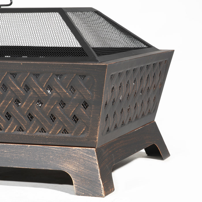 Rectangular Black Fire Pit Wood Burner - Modern Outdoor Garden Heater Mesh Lid