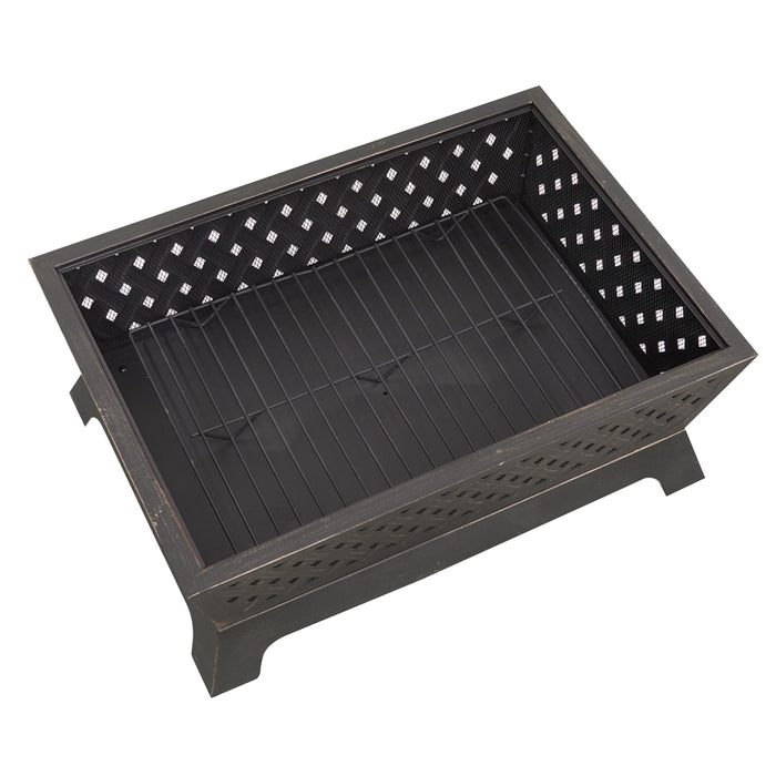 Rectangular Black Fire Pit Wood Burner & Cover Set - Outdoor Garden Heater Mesh - LoopsDirect