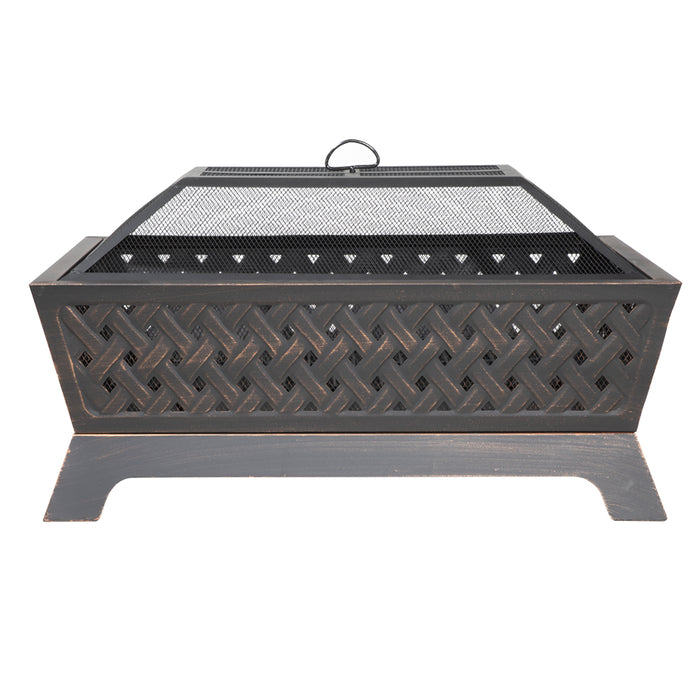 Rectangular Black Fire Pit Wood Burner - Modern Outdoor Garden Heater Mesh Lid