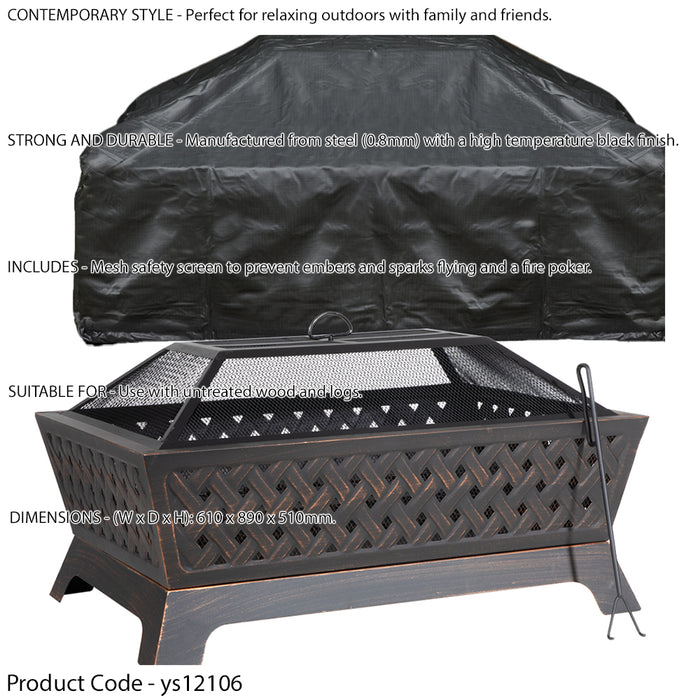 Rectangular Black Fire Pit Wood Burner & Cover Set - Outdoor Garden Heater Mesh