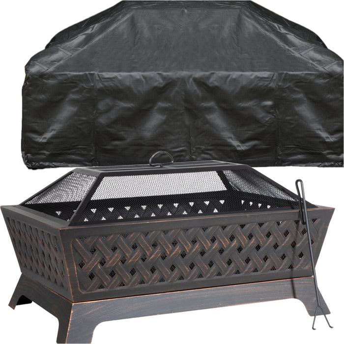 Rectangular Black Fire Pit Wood Burner & Cover Set - Outdoor Garden Heater Mesh