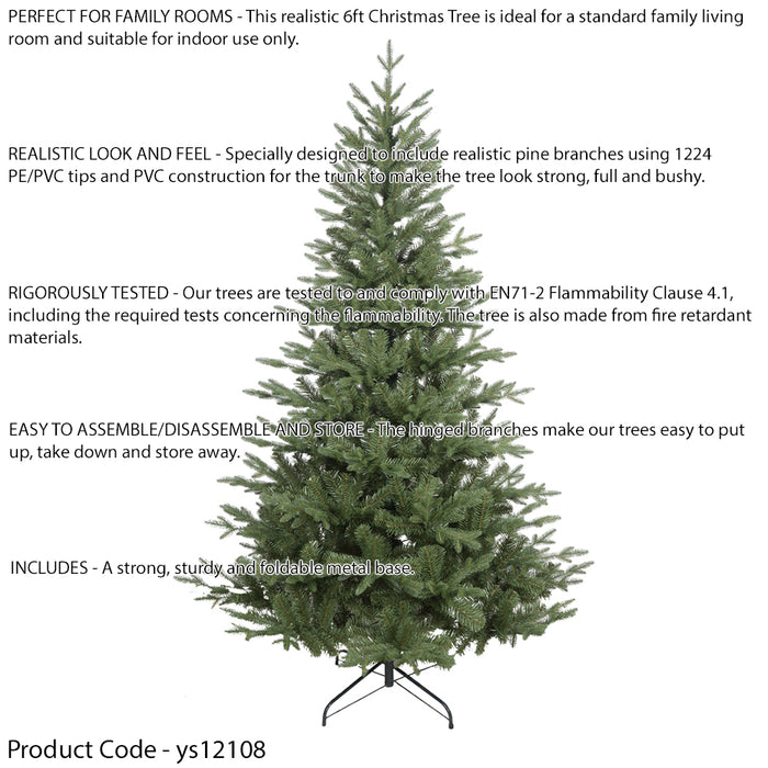 6ft 180cm Artifical Hinged Christmas Tree - 43 Inch Wide Realistic Xmas Tree - LoopsDirect