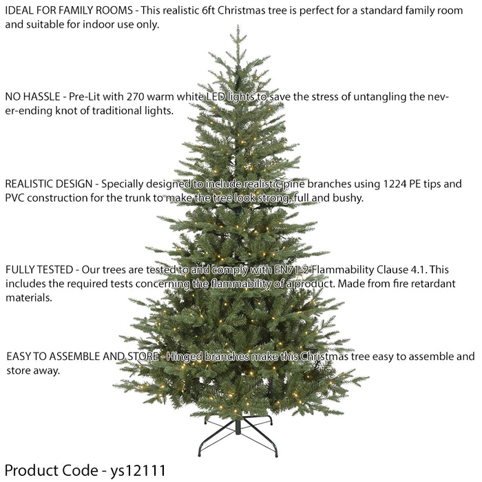 6ft 180cm Pre-Lit Artifical Christmas Tree - Warm White LED Realistic Xmas Tree - LoopsDirect