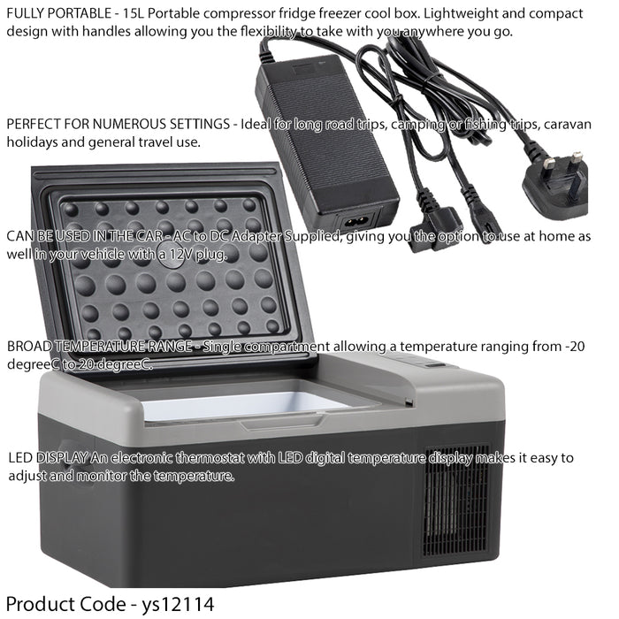 12V & 24V Vehicle Fridge Freezer & 230V PSU Set - 15L - Car Van Camping Cool Box