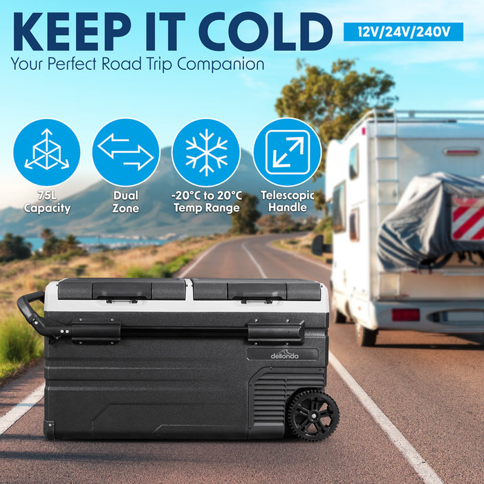 12V & 24V Vehicle Fridge Freezer / Camping Cool Box - 75L Dual Zone - Car & Van